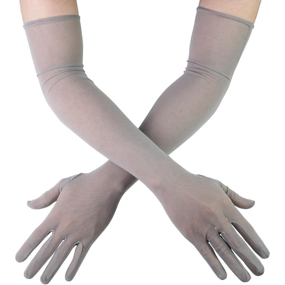 Women's Tulle Gray Long Sheer Silk Gloves Elbow Length Sun Protection Party